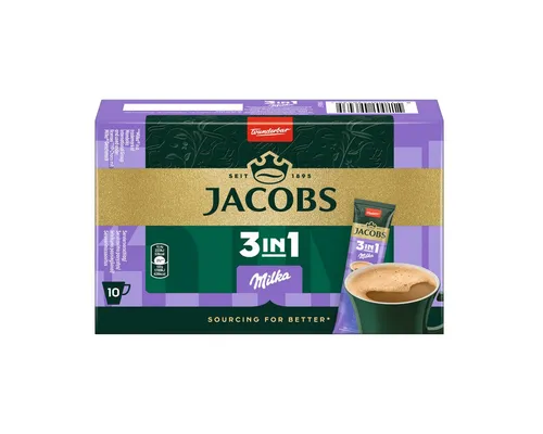 Jacobs Kaffee 3 in 1 Milka, löslicher Kaffee mit Schokolade, 10 Portionssticks - Genießen Sie den cremigen Geschmack von Jacobs 3 in 1 Milka Kaffee. Einfach zuzubereiten: Portionsstick in heißes Wasser geben und genießen. Praktisch für unterwegs, ideal für Kaffeeliebhaber!
