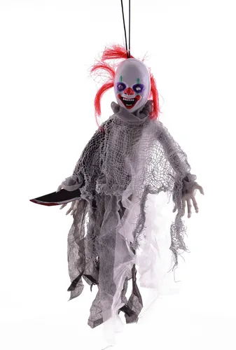 Hänge Clown mit Messer - Gruselige Halloween Dekoration - Party-Deko für schaurige Stimmung! Der bewegliche Hänge Clown mit Licht und Sound sorgt für Gänsehaut und ist ideal für Halloween oder den Tag der Toten.