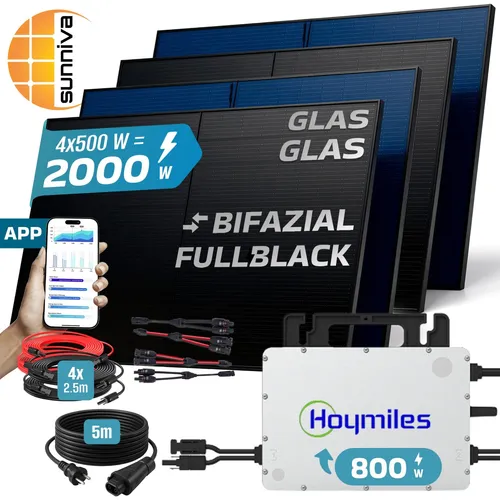 SUNNIVA 2000W BIFAZIAL FULLBLACK Balkonkraftwerk mit HOYMILES Wechselrichter - Effizientes Balkonkraftwerk mit 2000W Modulleistung und 800W Wechselrichter. Ideal für die Nutzung von Solarenergie zu Hause. Inklusive 4x 500W bifazialen Solarmodulen und 5m Anschlusskabel.