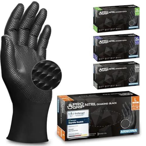 PROGRIP Einweghandschuhe Diamant Grip Schwarz, Extra Stark, Gr. L, 500 Stück - EXTRA DICKE NITRIL EINWEGHANDSCHUHE ✓ Die PROGRIP Diamant Grip Handschuhe sind mit 8g besonders strapazierfähig und bieten einen sicheren Halt dank rutschfester Struktur. Ideal für Werkstatt, Montage und Haushalt.
