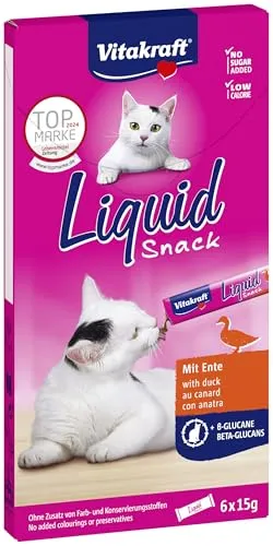 Vitakraft Liquid Snack, Katzen Leckerli, Katzensnack cremig, mit Ente und Beta Glucane, in einzelnen Sachets, verbessert die Immunabwehr (1 Paket mit 6x 15g)