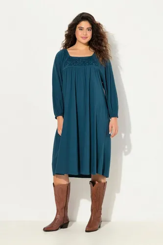 Ulla Popken Damen große Größen Übergrößen Plus Size Tunika-Kleid, Ziersteine, Carree-Ausschnitt, Langarm Dunkles Petrol 46+ 832792747-46+
