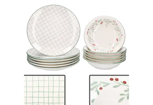 MamboCat Holly 12tlg Tafelservice - Festliches Steingut-Geschirr für 6 Personen mit grünem Gittermuster und Mistelzweigen, ideal für Weihnachtsfeiern und besondere Anlässe. Robust und spülmaschinengeeignet.