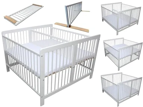 Micoland Kinderbett Zwillingsbett 2in1 - Zwillingskinderbett aus massivem Kiefernholz mit 2 Lattenrosten und Matratzen, ideal für Geschwister und platzsparend mit Trenngitter.