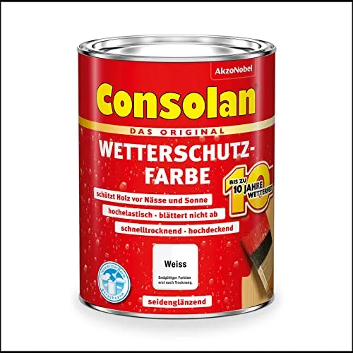 Consolan Wetterschutzfarbe 5 l Weiß - Deckend für Außen - Lacke für Außen mit schnelltrocknender, schimmelbeständiger und UV-Lichtbeständiger Formel, idealer Holzschutz für langlebige Ergebnisse.