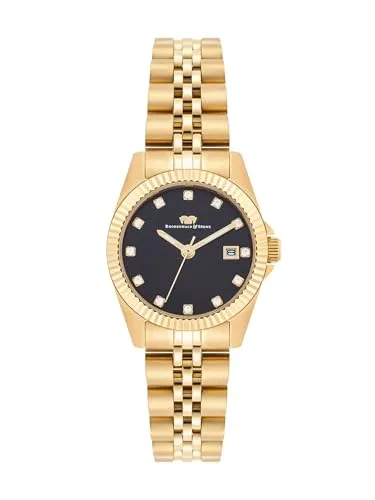 Rhodenwald & Söhne Damen Uhr Quarzwerk mit Edelstahl Armband - Elegante Damen-Quarzuhr mit IP-vergoldetem Edelstahl-Gehäuse, schwarzem Zifferblatt und Kristallverzierung. Das sportliche Gliederarmband bietet Komfort und Sicherheit. Wasserdicht bis 5 ATM, ideal für jeden Anlass.