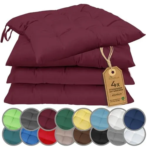 NatureMark Sitzkissen 4er-Set - Bordeaux Rot - Stuhlkissen 40x40cm, schadstoffgeprüft und ideal für drinnen und draußen, mit praktischen Bändern für sicheren Halt.