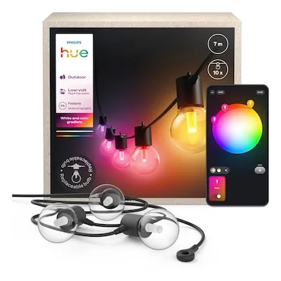 Philips Hue Festavia Globe 7 m Lichterkette - Wetterfeste 7 m Lichterkette mit 10 smarten, bruchsicheren Glühbirnen, die Millionen von Farben bieten – ideal für stimmungsvolle Gartenpartys oder gemütliche Abende.