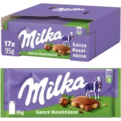 Milka Tafleschokolade Ganze Nuss 95 g - 17er Pack - Schokolade mit ganzen Haselnüssen, ideal für Schokoladenliebhaber! Praktische Großpackung für jederzeitigen Genuss aus zartschmelzender Alpenmilch.