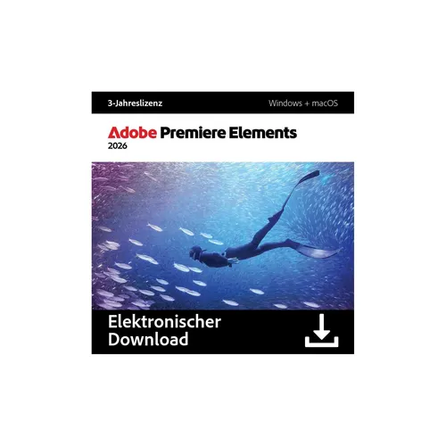 Adobe Premiere Elements 2026 - 3 Jahre Download-Code - Einfache Videobearbeitung mit KI und Effekten für Anfänger und Profis. Ideal für kreative Projekte auf Windows und Mac - bequem per Download-Link und Key.