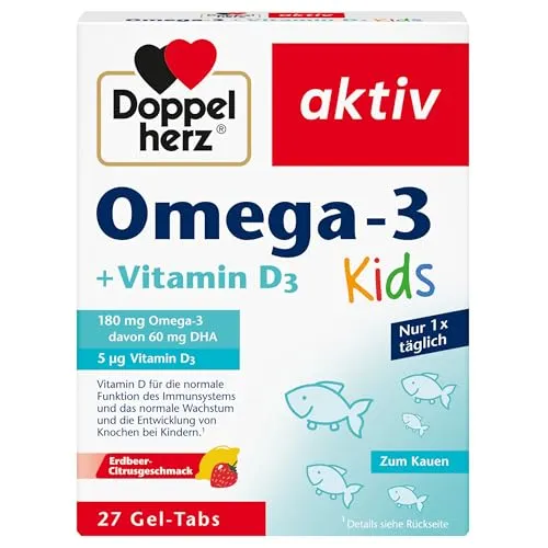 Doppelherz Omega-3 plus D3 Kids, Vitamin D wird für ein gesundes Wachstum und eine gesunde Entwicklung der Knochen bei Kindern benötigt, 27 Gel-Tabs