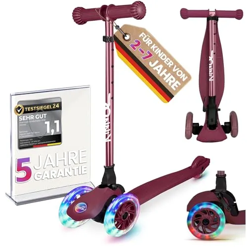 kinnaz ONE Premium Roller für Kinder ab 2 Jahren - Kinderscooter mit farbenfrohen LED Rädern, 5-fach höhenverstellbar und klappbar für einfache Handhabung. Ideal für Kinder von 2-6 Jahren mit hoher Tragfähigkeit und sicherem Design.