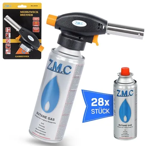 Z.M.C Gasbrenner + 28x Gaskartuschen 227g, Flambierbrenner Temperatur bis zu 1300°C, Schweißbrenner mit Piezo-Zündung, Bunsenbrenner Lötbrenner 1,3 KW, Brenneraufsatz mit einstellbarer Flamme