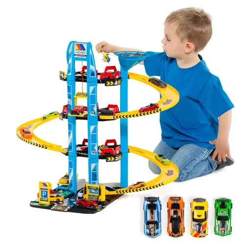 MOLTO Parkhaus mit Zubehör - 4 Etagen & Helicopter - Autogaragen & -werkstätten: Fördert motorische Fähigkeiten und kreatives Rollenspiel für stundenlangen Spielspaß.