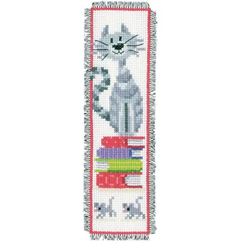 VERVACO Lesezeichen Kreuzstich Stickpackungen Gezählter Kreuzstich Set Katze auf Bücherstapel DIY Set Erwachsene Sticken Lesen Zubehör Geschenk Zählmusterpackung ca. 6 x 20 cm Stickset für Anfänger