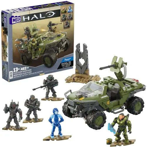 MEGA Halo Flotteneinsatzkommando Warthog mit 5 Figuren - Zusammenbaubares Warthog-Fahrzeug aus der Halo-Serie mit authentischen Details und aktivem Federungssystem. Ideal für kreatives Spielen und kompatibel mit anderen Bausets. Ab 13 Jahren.