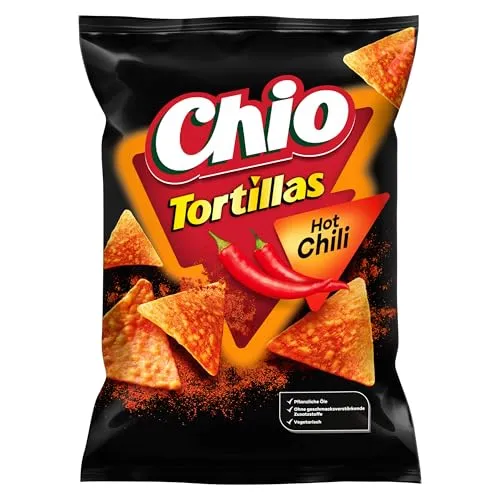 Chio Tortillas Hot Chilli 110g - Knusprige Tortillas mit feurigem Chili-Geschmack, ideal für Snacks und Partys. Perfekt zum Dippen oder einfach zum Genießen!