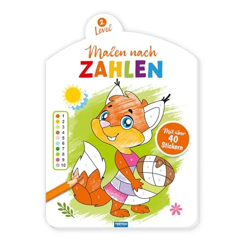 TRÖTSCH - Malen nach Zahlen - Level 2 | Malen nach Zahlen Malbuch zum Zahlenlernen mit nummerierten Flächen: Ausmalbuch mit Stickern zum Verschönern der Tiermotive | Ab 3 Jahren