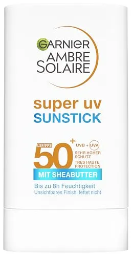 Garnier Ambre Solaire Super UV Sunstick LSF 50+, Unsichtbarer Sonnenschutz Stick für das Gesicht, Mattierende Sonnencreme mit Sheabutter, 18g