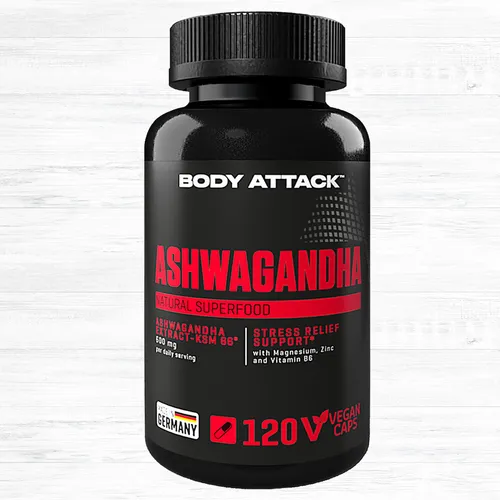 Body Attack Ashwagandha 120 Kapseln - Nahrungsergänzungsmittel mit 600 mg ASHWAGANDHA pro Tagesportion, hochwertiger Markenrohstoff KSM-66 und vegan, ideal zur Stressbewältigung.