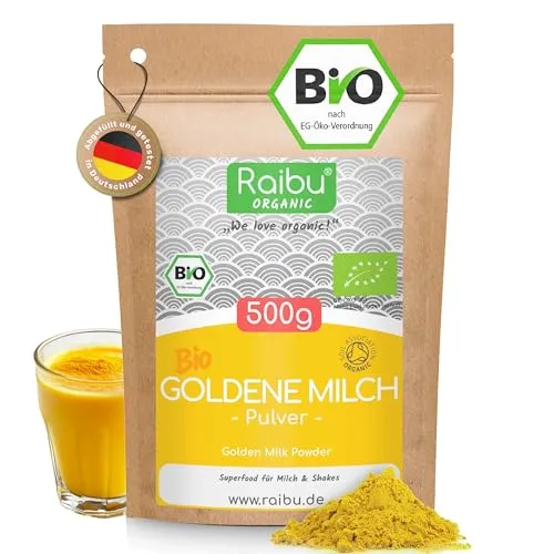 Goldene Milch Pulver BIO - 500g mit Kurkuma und Ashwagandha - Getränkepulver für vielseitigen Genuss: Ideal für Kurkuma-Latte, Smoothies oder als Gewürz. Bio-Qualität ohne Zusatzstoffe, mild im Geschmack und aus kontrolliert biologischem Anbau.