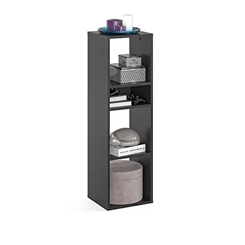 KOMTO Regal Schwarz - Flexibles Bücherregal für jeden Raum - Dieses stilvolle Regal mit 4 Ebenen bietet vielseitigen Stauraum für Bücher, CDs und DVDs. Ideal für kleine Räume, schnell montierbar und mit praktischen Faltboxen kombinierbar. Verleihen Sie Ihrem Zuhause eine organisierte Atmosphäre!