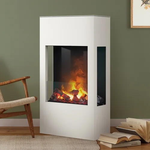 Muenkel Design Prism 620 Elektrokamin Opti-myst - 3-seitige Sicht in Weiß - Eleganter Elektrokamin mit Opti-myst 3D Flammeneffekt für täuschend echtes Feuer. Heizleistung bis 2000W, inklusive Fernbedienung und Sicherheitsfunktionen. Ideal für eine gemütliche Atmosphäre.