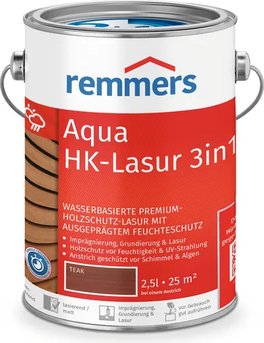 Remmers HK-Lasur 3in1 [plus] teak, matt – 2,5 Liter Premium Holzschutz - Beizen – Exzellente 3in1 Holzlasur für außen: Imprägnierung, Grundierung und Lasur in einem. Ideal für Zäune und Gartenhäuser, langlebig und schnelltrocknend.