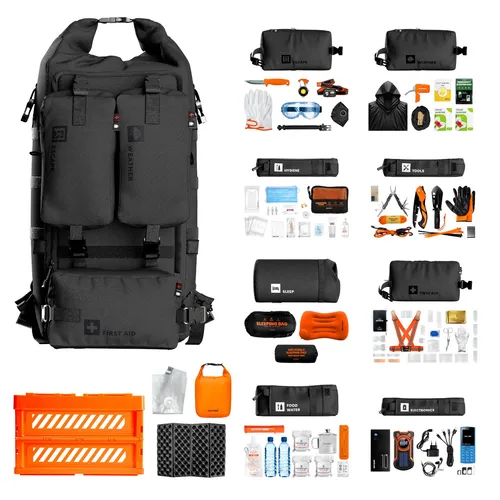 Help Bag Max Pro 5.0 Notfallrucksack - Robuster Notfallrucksack mit 40-65 Litern Volumen, gefertigt aus Help Bag TitanShield 600D. Ideal für Outdoor-Abenteuer und Notfälle. Farbe: Schwarz.