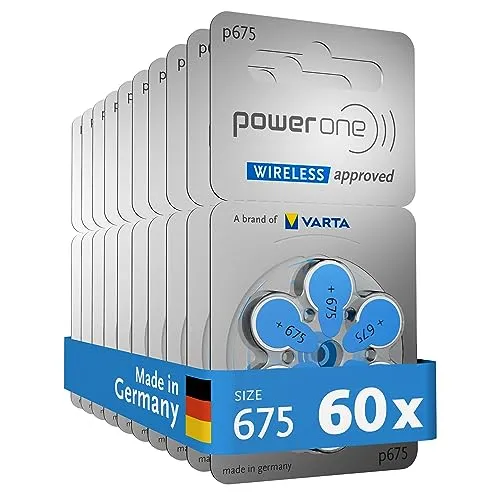 Varta Power One Hörgerätebatterien Typ 675 blau, Batterien 60 Stück Vorratspack, wireless approved, Größe p675 für Hörgeräte und Hörhilfen, high hearing level, quecksilberfrei, Made in Germany