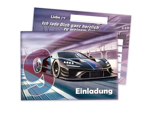 Limonia 12 Einladungskarten zum 9 .Geburtstag Auto Rennauto - Geburtstagseinladung Unisex Coole Autos & Rennwagen Motive, Einladung für Autofans - Track Racer