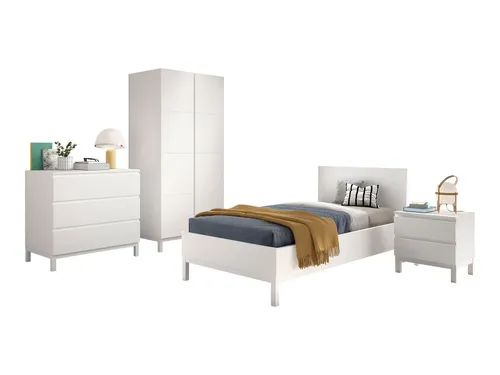 aufm Kessel Jugendzimmer-Set Keely – 4-teiliges Möbelset in Weiß - Komplettes 4-teiliges Set für Kinder- und Jugendzimmer: Einzelbett, Nachtkonsole, Kleiderschrank und Kommode. Pflegeleichte Oberfläche und modernes Design sorgen für einen stilvollen Schlaf- und Stauraum.