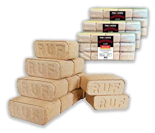 PINI Holzbriketts 100% Buche - Premium Hartholz für Kamin und Grill - Briketts aus 100% Buchenholz mit hohem Brennwert von 5,8 kWh/kg, ideal für Kamin und Grill. CO2 neutral, schnelle Wärmeentwicklung und geringer Aschegehalt unter 1%.