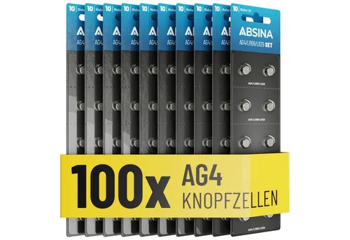 ABSINA Knopfzelle AG4 Alkaline 1.5V - 100er Pack, zuverlässige Stromversorgung für diverse Geräte