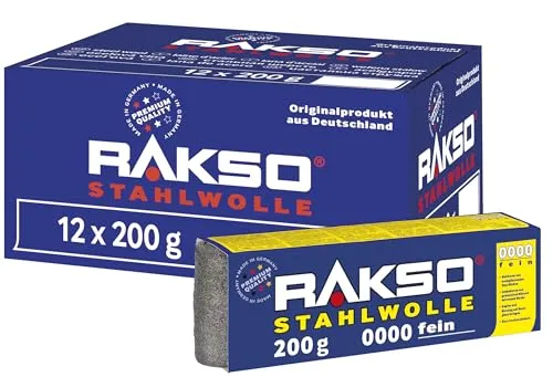 RAKSO Stahlwolle extrafein 0000-2,4 kg, 12 Banderolen à 200g, poliert gewachstes Holz, Kupfer, Messing, mattiert Oberflächen, säubert Glas