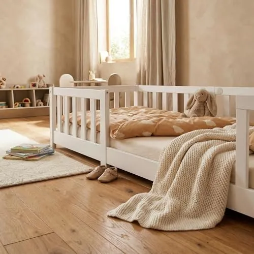 ecoMI Kinderbett mit Rausfallschutz, 90x200 & 80x160 - Hochwertiges Kinderbett aus massivem Kiefernholz mit Rausfallschutz, ideal für sicheres Schlafen. In Weiß & Natur, einfache Montage in 59 Minuten.