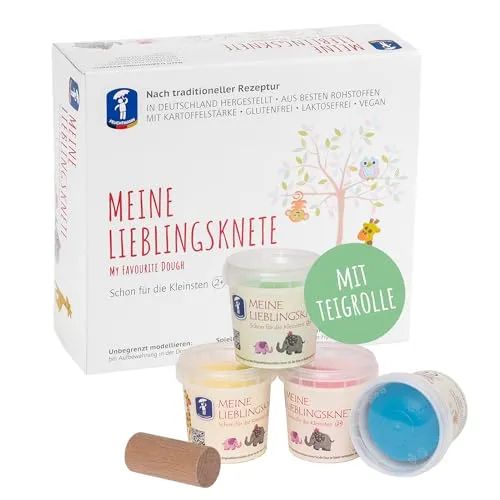 Feuchtmann MEINE LIEBLINGSKNETE + Teigrolle - 4 x 150g vegane, glutenfreie Kinderknete, ungiftig und ideal für kreative Bastelstunden ab 2 Jahren