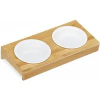 Relaxdays Doppelnapf Bambus Keramik Natur Weiß Erhöht 29,5 cm x 14 cm x 5 cm 700 g