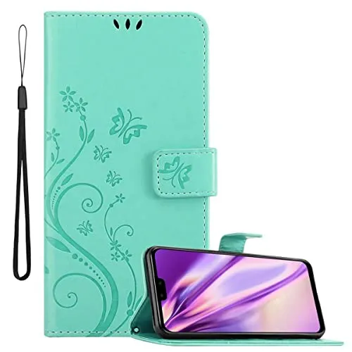 Cadorabo Hülle kompatibel mit Huawei Y9 2019 Blumen Design aus Premium Kunst Leder Flip Klappbare Stoßfeste Magnetische [Standfunktion] [Kartenfächern] Cover Hülle für Huawei Y9 2019 Tasche in Türkis