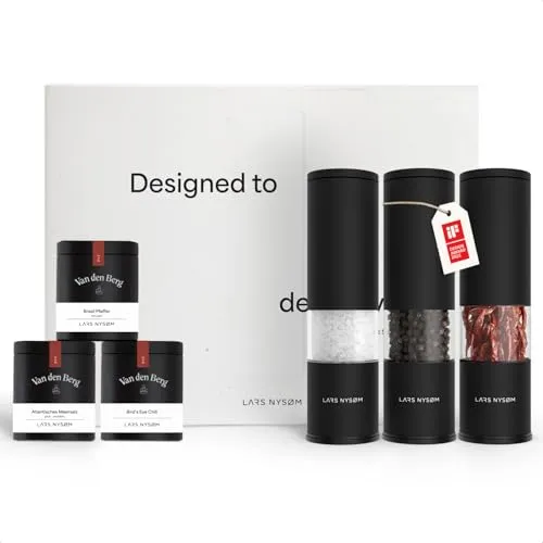 LARS NYSØM Gewürzmühle Gift Set - Küchenhelfer - Luxuriöses Set mit zwei hochwertigen Gewürzmühlen für Salz und Pfeffer sowie edlen Gewürzdosen, ideal für stilvolle Küchen und feine Aromen.