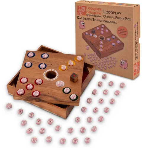 Logoplay Holzspiele Spielesammlung: Original Funny Pigz - Spielesammlung für 2–6 Spieler, nachhaltiges Holzspiel mit lustigem Schweinchen-Würfelspiel für fröhliche Spieleabende und strategischen Spaß.