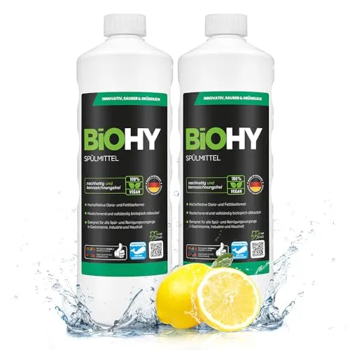 BiOHY Spülmittel (2 x 1 Liter) | Effektives Geschirrspülmittel ohne schädliche Chemikalien - Effektives Spülmittel für alle Geschirrarten. Entfernt mühelos Fett und Schmutz, hautschonend und biologisch abbaubar. Ideal für eine nachhaltige Reinigung im Haushalt.