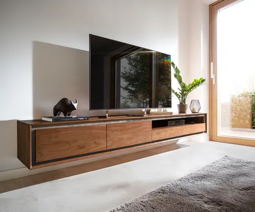 DELIFE Lowboard Stonegrace 240 cm aus Akazie mit Steinfurnier - Elegantes Lowboard aus brauner Akazie mit hellem Steinfurnier, bietet zwei Türen, zwei Schubladen und ein offenes Fach mit Kabeldurchführung – ideal für einen modernen Wohnbereich.