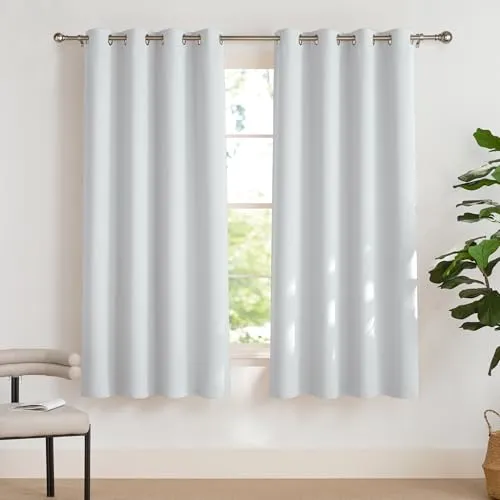 PONY DANCE Thermo Gardinen Hitzeschutz Ösenschal 2er Set H 175 x B 140 cm Grau-weiß, Verdunkelungsvorhang mit Ösen Kurze Vorhänge Wohnzimmer Modern Thermal Curtains