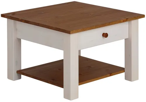 Couchtisch HOME AFFAIRE "Chicago, TOPSELLER" – Weiß & Honig - Couchtisch im Landhausstil mit zusätzlichem Stauraum durch Schublade und Ablageboden. Aus massiver Kiefer, FSC-zertifiziert, ideal für ein gemütliches Wohnzimmer.