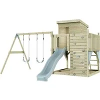 PolarPlay Spielturm Björn - Schaukeln und Spielen im zauberhaften PolarPlay Spielturm Björn! Mit gemütlichem Häuschen, Doppelschaukel und Rutsche – ideal für kreative Abenteuer im Garten.