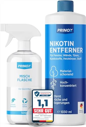 PRINOX 1030ml Nikotinentferner Konzentrat - Hochwirksamer Nikotinentferner für Fensterrahmen, Wände und mehr. Ideal für Haushalt und Gastronomie – entfernt zuverlässig hartnäckige Ablagerungen und Verfärbungen. Ergiebig und vielseitig einsetzbar!