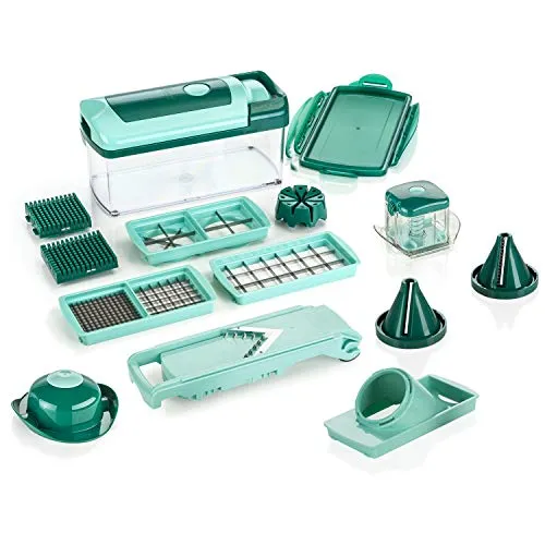 Genius Nicer Dicer Fusion Julietti | 16 Teile | Alles-Schneider - Gemüsehobel mit vielseitigen Zubereitungsmöglichkeiten: Würfel, Stifte, Scheiben und mehr. Inkl. Auffangbehälter mit Frischhaltedeckel für praktisches Schneiden und Aufbewahren.