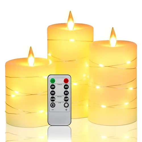 Da by 3 Stück Elfenbein Paraffin LED Kerzen mit Feenlichtkette, Realistische Flackerflamme, Batteriebetriebene Premium Kerzen mit Fernbedienung, Wiederverwendbar für Wohn- und Festdekoration