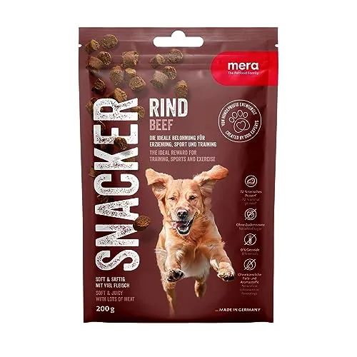 MERA Snacker Rind (1 x 200g), getreidefrei, softe Hundeleckerli für Training oder als Snack, herzhafte fleischige Leckerlies für alle Hunde